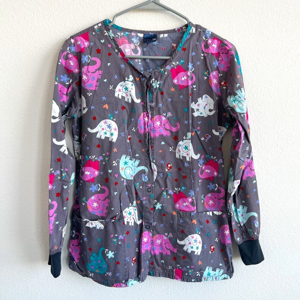Zoe & Chloe Elephant Print Scrub Jacket- XS
